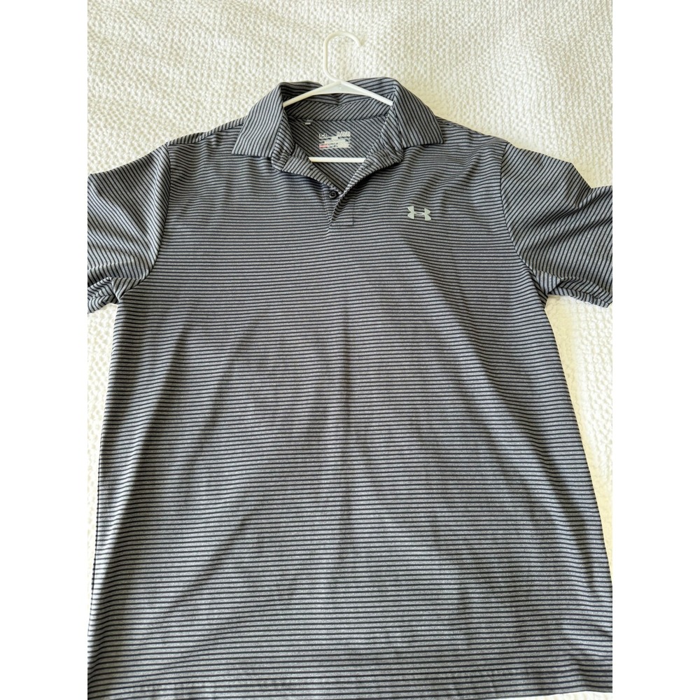 Under Armour Polo Shirt Mens XL Grey Black Striped HeatGear Loose Fit Golf Top